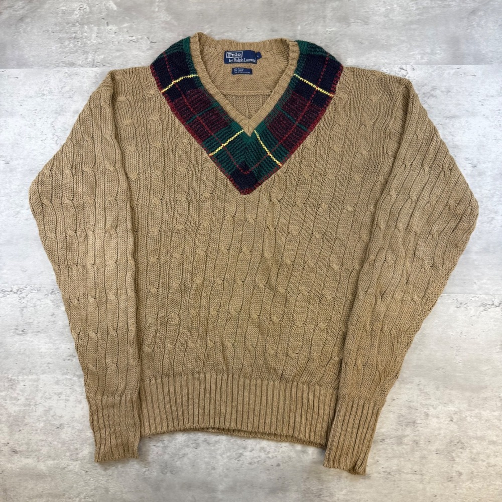 Polo Ralph Lauren Mens Large Tan Cable Knit Ramie Linen Plaid V-Neck Sweater